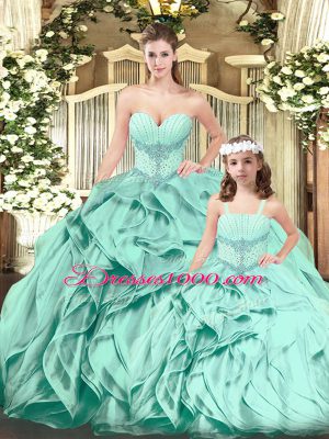 Aqua Blue Lace Up 15th Birthday Dress Beading and Ruffles Sleeveless Floor Length