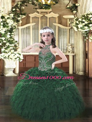 Halter Top Sleeveless Little Girl Pageant Gowns Floor Length Beading and Ruffles Dark Green Organza