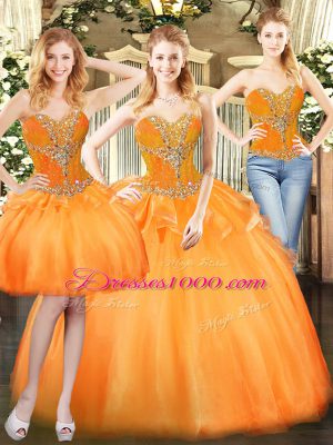 Three Pieces 15th Birthday Dress Orange Red Sweetheart Organza Sleeveless Floor Length Lace Up