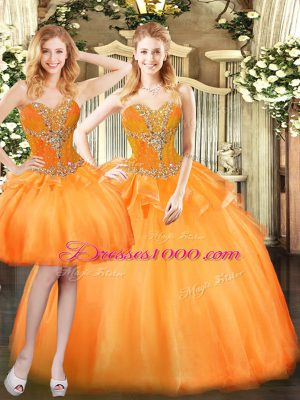 Three Pieces 15th Birthday Dress Orange Red Sweetheart Organza Sleeveless Floor Length Lace Up