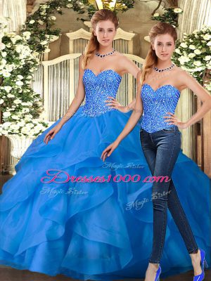 Extravagant Organza Sweetheart Sleeveless Lace Up Beading and Ruffles 15th Birthday Dress in Blue