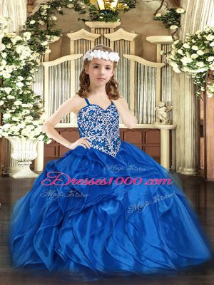 Blue Lace Up Straps Beading and Ruffles Little Girls Pageant Dress Organza Sleeveless
