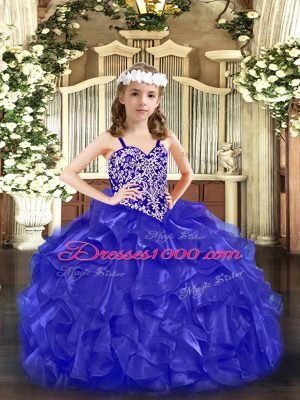 Floor Length Blue Pageant Dress for Girls Organza Sleeveless Beading and Ruffles