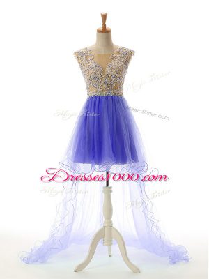 Blue Backless Scoop Appliques Evening Dress Tulle Sleeveless