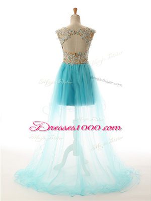 Blue Backless Scoop Appliques Evening Dress Tulle Sleeveless