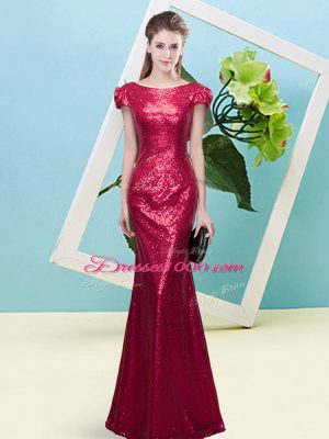 Exceptional Red Mermaid Sequined Scoop Cap Sleeves Sequins Floor Length Zipper Prom Gown