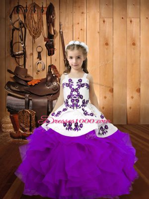 Eggplant Purple Ball Gowns Organza Straps Sleeveless Embroidery and Ruffles Floor Length Lace Up Pageant Dress Womens
