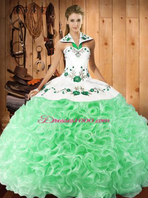 Graceful Halter Top Sleeveless Quinceanera Gowns Floor Length Embroidery Fabric With Rolling Flowers