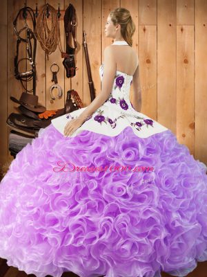 Graceful Halter Top Sleeveless Quinceanera Gowns Floor Length Embroidery Fabric With Rolling Flowers