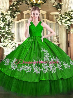 Beautiful Satin and Tulle V-neck Sleeveless Zipper Embroidery Sweet 16 Dresses in Green