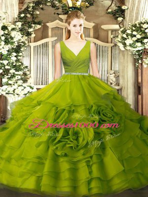 Dazzling Floor Length Olive Green Ball Gown Prom Dress V-neck Sleeveless Zipper