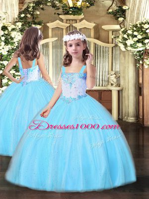 Aqua Blue Lace Up Custom Made Pageant Dress Beading Sleeveless Floor Length