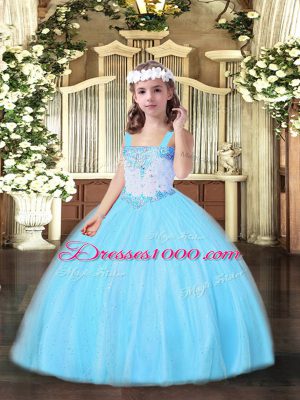 Aqua Blue Lace Up Custom Made Pageant Dress Beading Sleeveless Floor Length