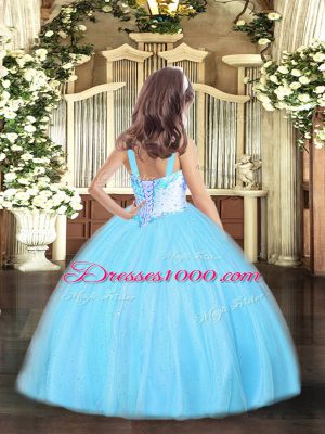 Aqua Blue Lace Up Custom Made Pageant Dress Beading Sleeveless Floor Length