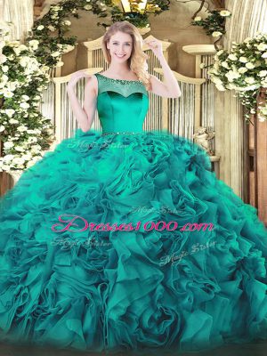 Fitting Teal Ball Gowns Scoop Sleeveless Fabric With Rolling Flowers Floor Length Zipper Beading and Ruffles 15 Quinceanera Dress