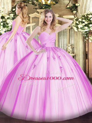 Discount Lilac Tulle Lace Up Sweetheart Sleeveless Floor Length Sweet 16 Dress Beading and Appliques