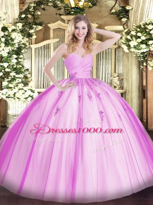 Discount Lilac Tulle Lace Up Sweetheart Sleeveless Floor Length Sweet 16 Dress Beading and Appliques