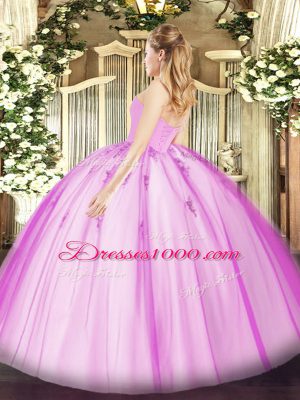 Discount Lilac Tulle Lace Up Sweetheart Sleeveless Floor Length Sweet 16 Dress Beading and Appliques