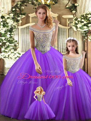 Designer Purple Tulle Lace Up Bateau Sleeveless Floor Length Quinceanera Dresses Beading