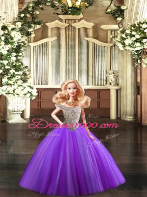 Designer Purple Tulle Lace Up Bateau Sleeveless Floor Length Quinceanera Dresses Beading