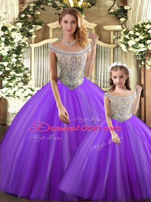 Designer Purple Tulle Lace Up Bateau Sleeveless Floor Length Quinceanera Dresses Beading