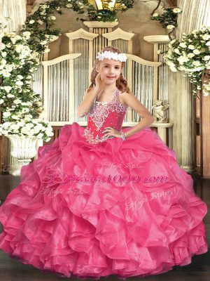 Hot Pink V-neck Neckline Beading and Ruffles Pageant Dress Wholesale Sleeveless Lace Up