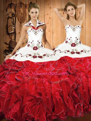 Dynamic White And Red Lace Up Quinceanera Dress Embroidery and Ruffles Sleeveless Floor Length