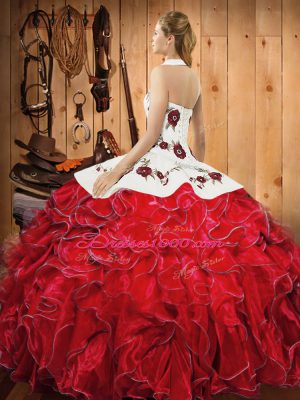 Dynamic White And Red Lace Up Quinceanera Dress Embroidery and Ruffles Sleeveless Floor Length