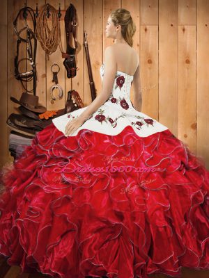 Dynamic White And Red Lace Up Quinceanera Dress Embroidery and Ruffles Sleeveless Floor Length