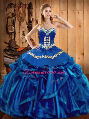 Floor Length Lace Up Sweet 16 Dress Blue for Military Ball and Sweet 16 and Quinceanera with Embroidery and Ruffles