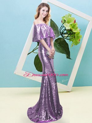 Stylish Lavender Sequined Zipper Off The Shoulder Half Sleeves Floor Length Homecoming Dress Sequins