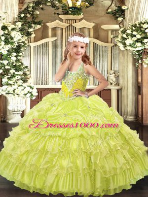 Beading and Ruffled Layers and Pick Ups Winning Pageant Gowns Yellow Green Lace Up Sleeveless Floor Length