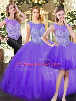 Sleeveless Tulle Floor Length Zipper 15th Birthday Dress in Eggplant Purple with Beading