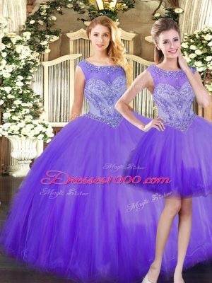Sleeveless Tulle Floor Length Zipper 15th Birthday Dress in Eggplant Purple with Beading