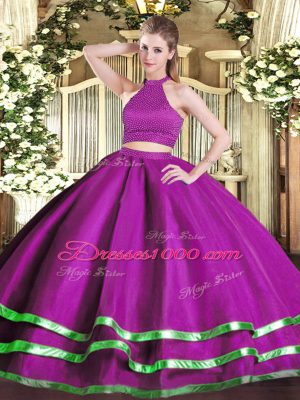 Halter Top Sleeveless Backless Quinceanera Gown Fuchsia Tulle