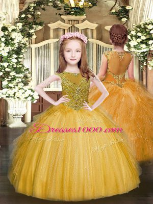 Ball Gowns Pageant Gowns For Girls Gold Scoop Tulle Sleeveless Floor Length Zipper