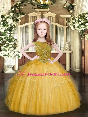 Ball Gowns Pageant Gowns For Girls Gold Scoop Tulle Sleeveless Floor Length Zipper