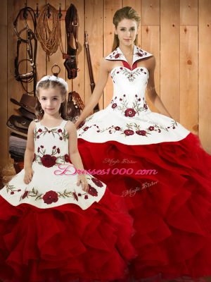 Wine Red Lace Up Halter Top Embroidery and Ruffles 15 Quinceanera Dress Satin and Organza Sleeveless