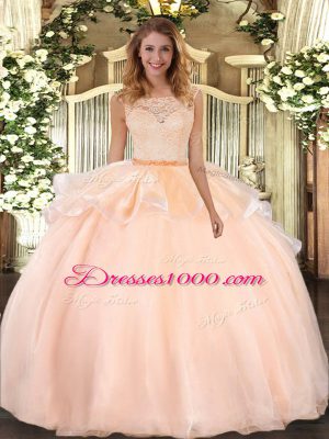 Peach Ball Gowns Lace Quinceanera Gown Clasp Handle Organza Sleeveless Floor Length