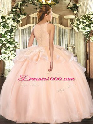 Peach Ball Gowns Lace Quinceanera Gown Clasp Handle Organza Sleeveless Floor Length