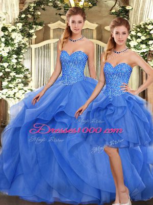 Blue 15th Birthday Dress Military Ball and Sweet 16 and Quinceanera with Ruffles Sweetheart Sleeveless Lace Up