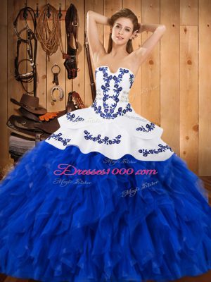 Top Selling Royal Blue Ball Gowns Embroidery and Ruffles Quince Ball Gowns Lace Up Satin and Organza Sleeveless Floor Length