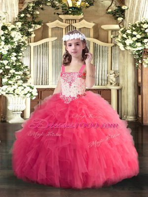 High End Beading and Ruffles Child Pageant Dress Hot Pink Lace Up Sleeveless Floor Length
