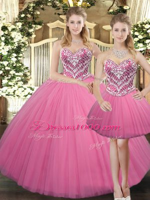 Rose Pink Sweet 16 Quinceanera Dress Military Ball and Sweet 16 and Quinceanera with Beading Sweetheart Sleeveless Lace Up