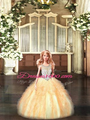 Floor Length Champagne 15 Quinceanera Dress Tulle Sleeveless Beading and Ruffles
