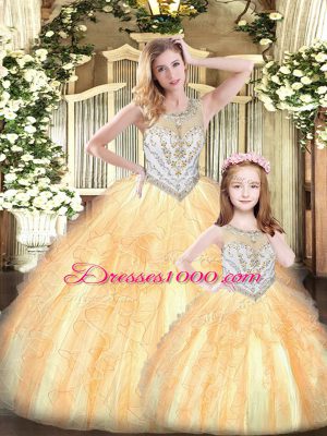 Floor Length Champagne 15 Quinceanera Dress Tulle Sleeveless Beading and Ruffles