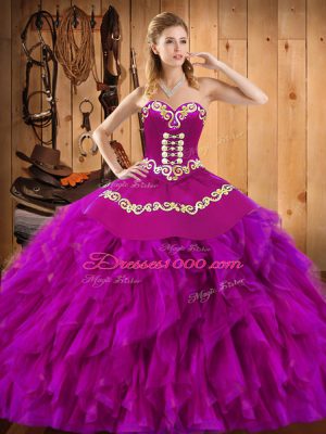 Artistic Fuchsia Sleeveless Satin and Organza Lace Up Quinceanera Gowns for Military Ball and Sweet 16 and Quinceanera