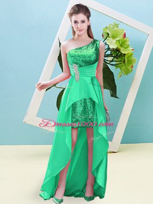 Turquoise Lace Up One Shoulder Beading and Sequins Prom Dresses Elastic Woven Satin and Sequined Sleeveless