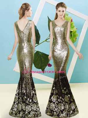 Hot Selling V-neck Sleeveless Evening Dress Floor Length Sequins Gold Sequined