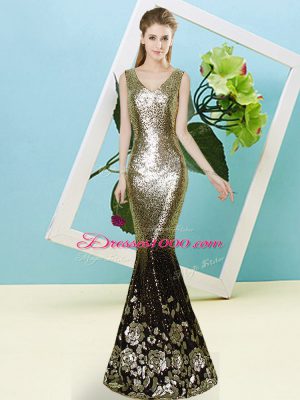Hot Selling V-neck Sleeveless Evening Dress Floor Length Sequins Gold Sequined